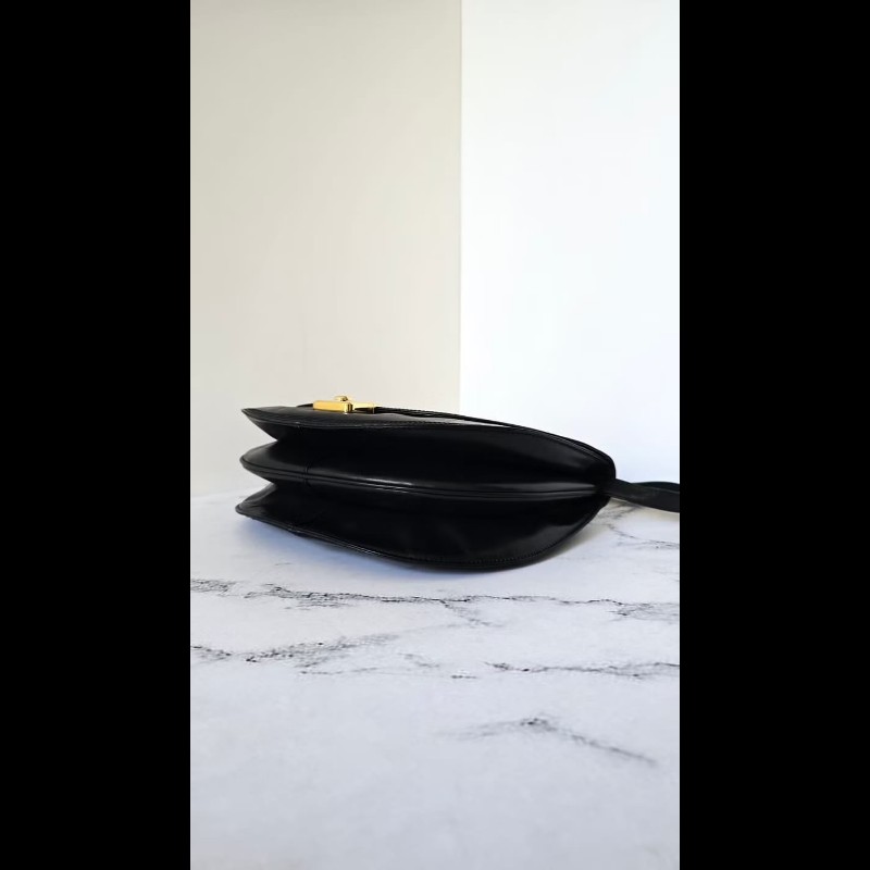 【LA LUNE】絕版古董包 Loewe黑金色半月側背包 斜背包 皮革包 單肩包 中古包-5