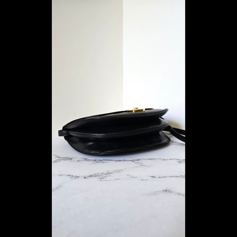 【LA LUNE】絕版古董包 Loewe黑金色半月側背包 斜背包 皮革包 單肩包 中古包-6