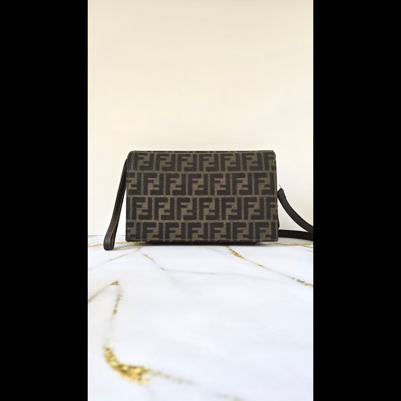 絕版古董包 中古二手包 Fendi 黑咖啡色老花信封風琴包 斜背包 側背包 單肩包-6