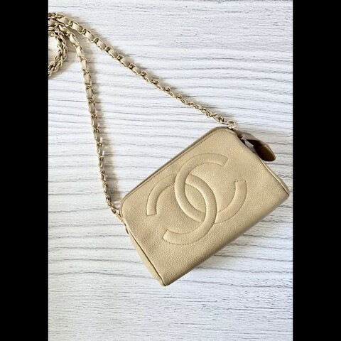 【LA LUNE】絕版中古包 Chanel米杏色魚子醬皮革斜背包 單肩包 側背包 二手