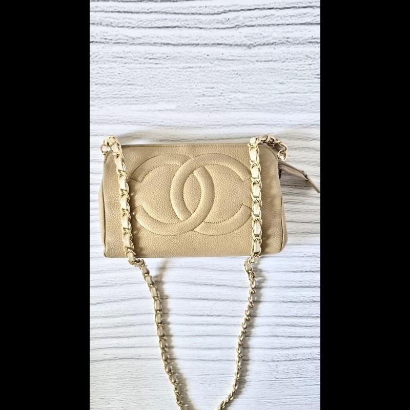 【LA LUNE】絕版中古包 Chanel米杏色魚子醬皮革斜背包 單肩包 側背包 二手-5