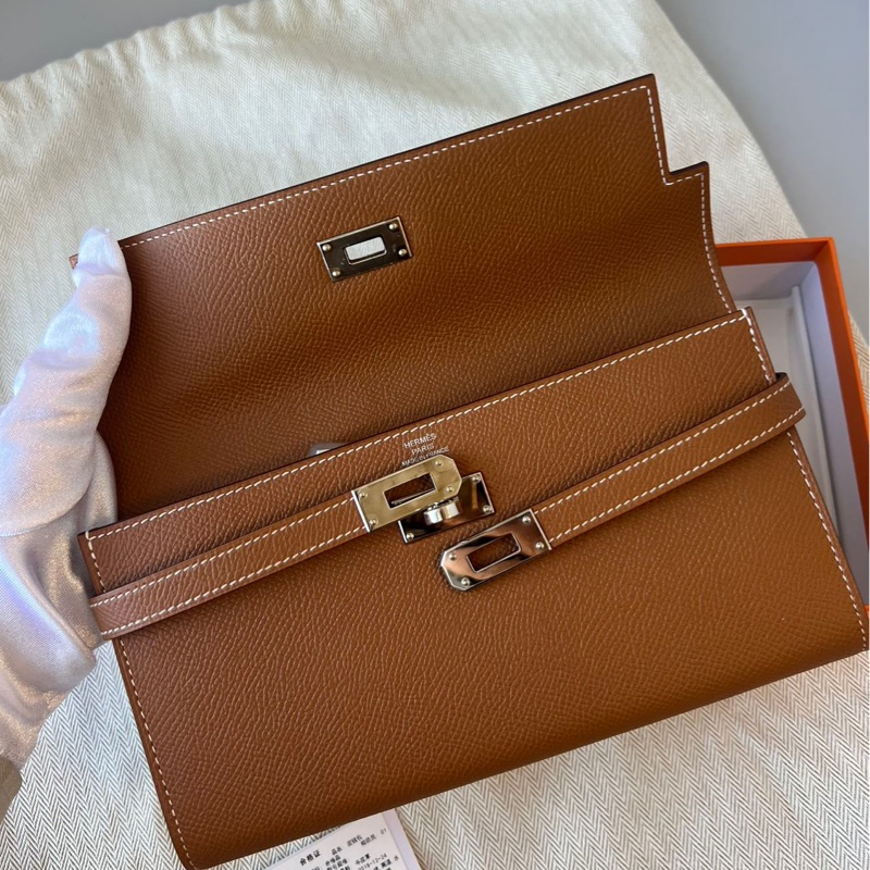 Hermes Kelly Wallet 金棕銀扣 長夾-10