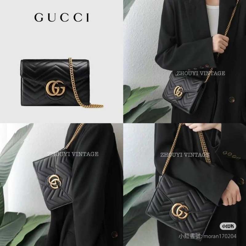 Gucci GG Marmont 金色雙G logo 馬蒙 馬夢 黑金 WOC 信封包 鏈帶包 斜背包 經典山形紋-5