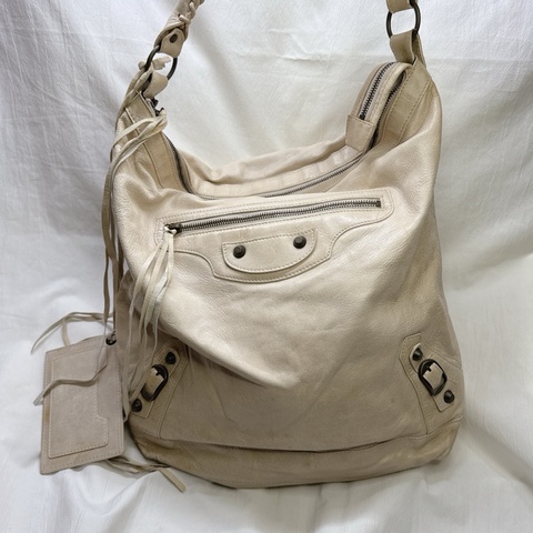二手正品Balenciaga巴黎世家Classic Day Hobo奶白復古羊皮機車包巴黎世家包巴黎世家機車包肩背
