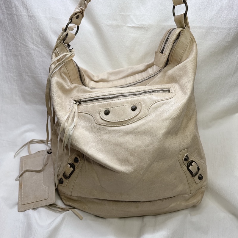 二手正品Balenciaga巴黎世家Classic Day Hobo奶白復古羊皮機車包巴黎世家包巴黎世家機車包肩背-0