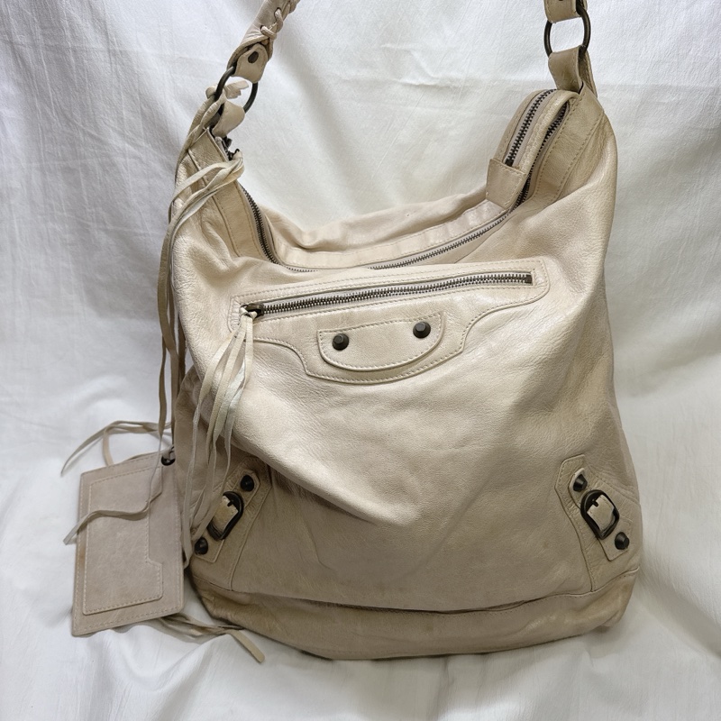 二手正品Balenciaga巴黎世家Classic Day Hobo奶白復古羊皮機車包巴黎世家包巴黎世家機車包肩背-3