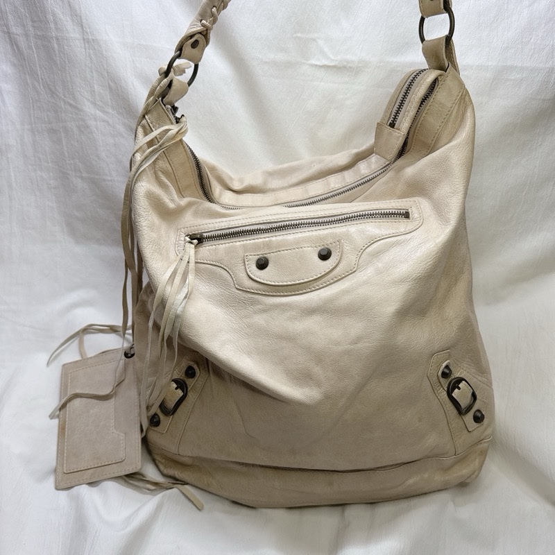 二手正品Balenciaga巴黎世家Classic Day Hobo奶白復古羊皮機車包巴黎世家包巴黎世家機車包肩背-22