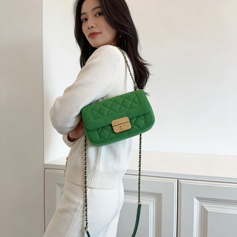 Chanel 絕版 Jersey系列針織 竹子綠金扣大mini 口蓋包 鏈條包 20*12*5.5 98新配件塵袋保卡