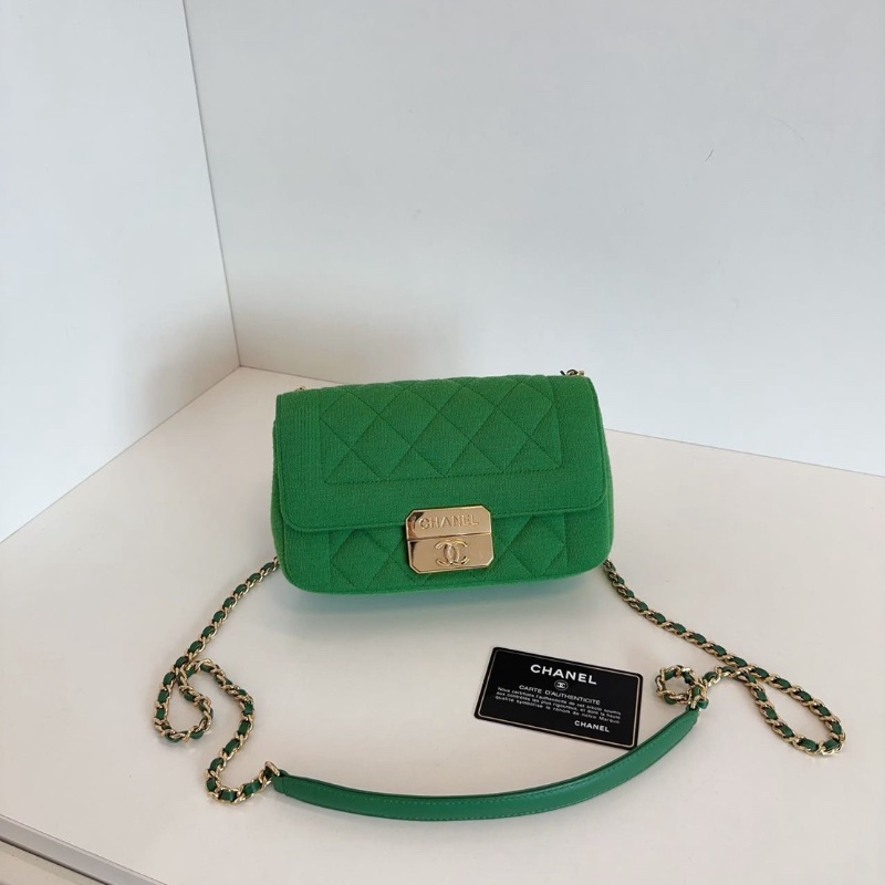 Chanel 絕版 Jersey系列針織 竹子綠金扣大mini 口蓋包 鏈條包 20*12*5.5 98新配件塵袋保卡-1