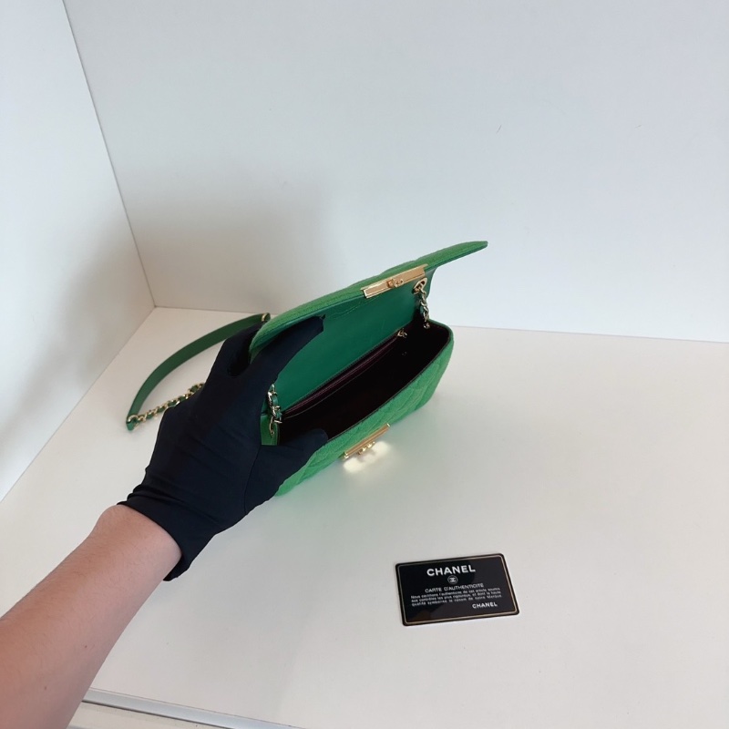 Chanel 絕版 Jersey系列針織 竹子綠金扣大mini 口蓋包 鏈條包 20*12*5.5 98新配件塵袋保卡-2