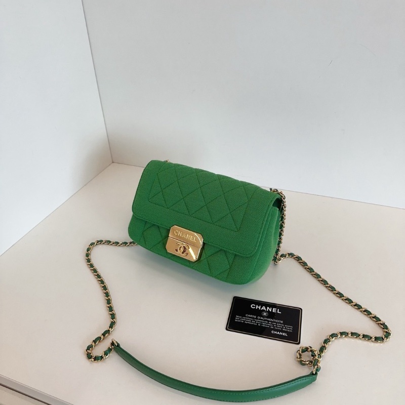 Chanel 絕版 Jersey系列針織 竹子綠金扣大mini 口蓋包 鏈條包 20*12*5.5 98新配件塵袋保卡-3
