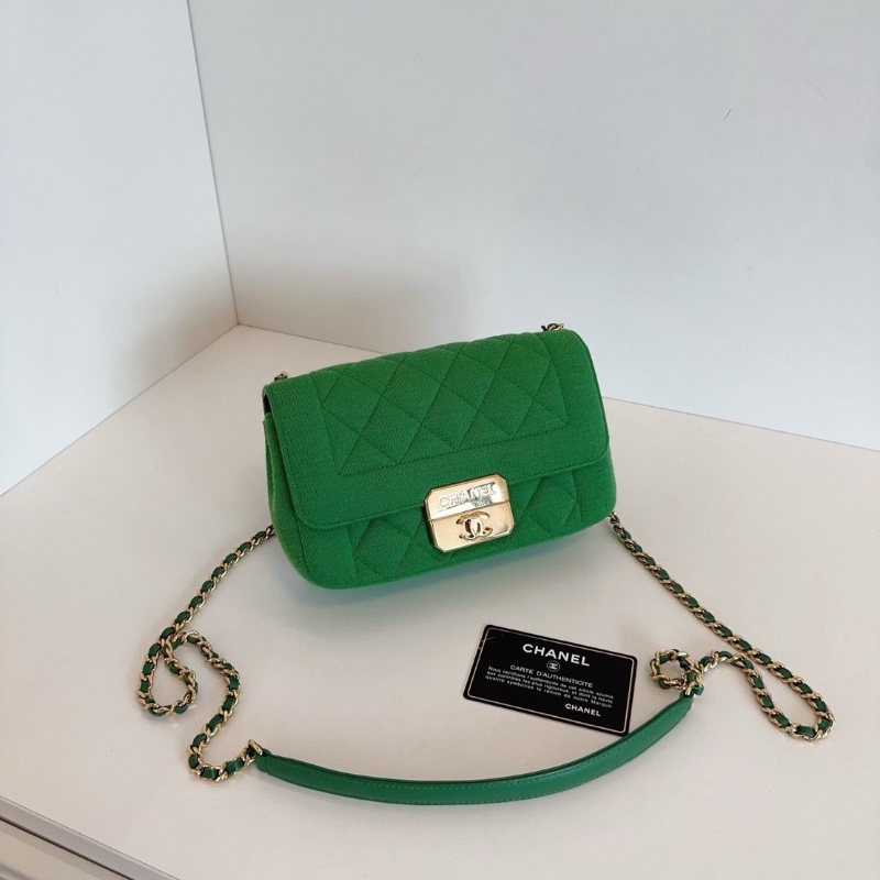 Chanel 絕版 Jersey系列針織 竹子綠金扣大mini 口蓋包 鏈條包 20*12*5.5 98新配件塵袋保卡-4