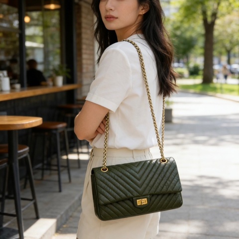 CHANEL綠金V紋2.55中號肩背斜背鏈條包28*16*9 98新配件塵袋