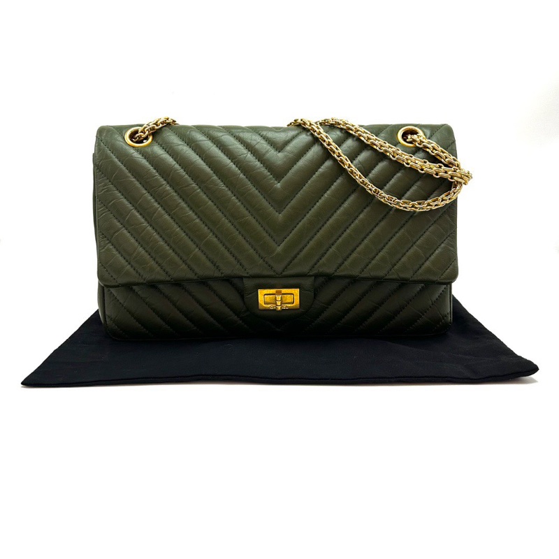 CHANEL綠金V紋2.55中號肩背斜背鏈條包28*16*9 98新配件塵袋-1