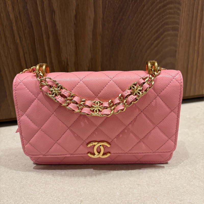 Chanel 香奈兒 WOC 粉紅色 菱格紋 荔枝牛皮 鏈帶肩背包 金釦-0