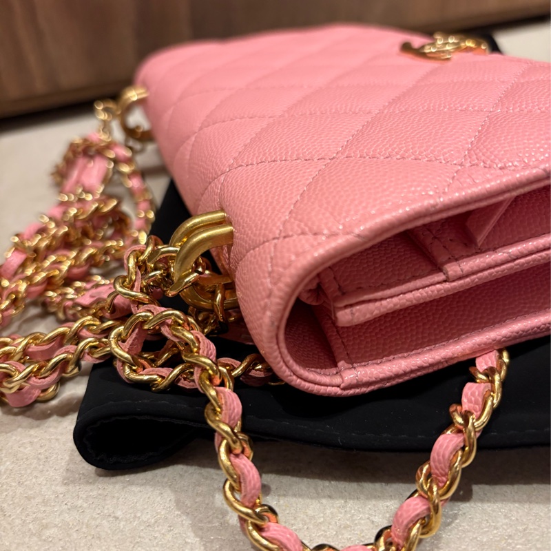 Chanel 香奈兒 WOC 粉紅色 菱格紋 荔枝牛皮 鏈帶肩背包 金釦-1