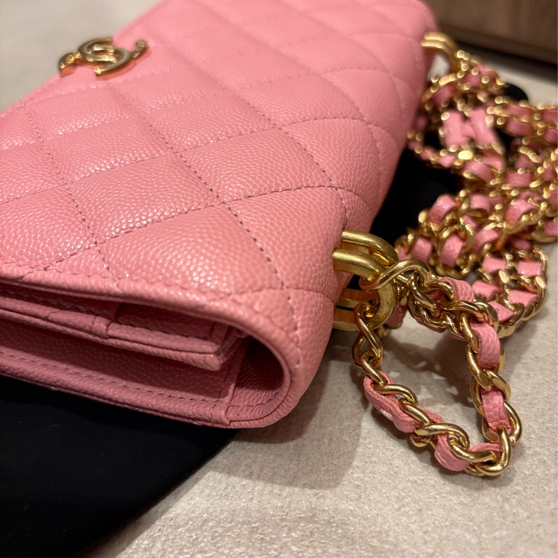 Chanel 香奈兒 WOC 粉紅色 菱格紋 荔枝牛皮 鏈帶肩背包 金釦-2