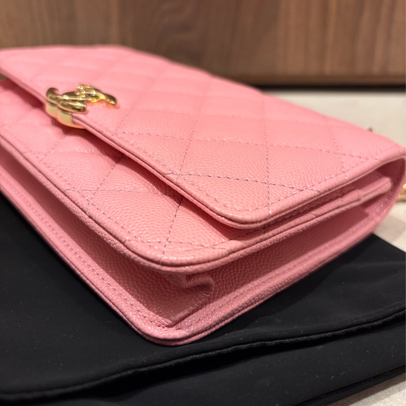 Chanel 香奈兒 WOC 粉紅色 菱格紋 荔枝牛皮 鏈帶肩背包 金釦-3