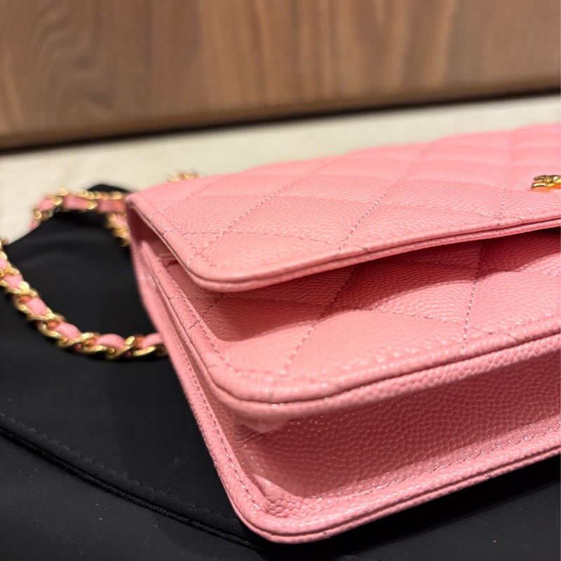 Chanel 香奈兒 WOC 粉紅色 菱格紋 荔枝牛皮 鏈帶肩背包 金釦-4