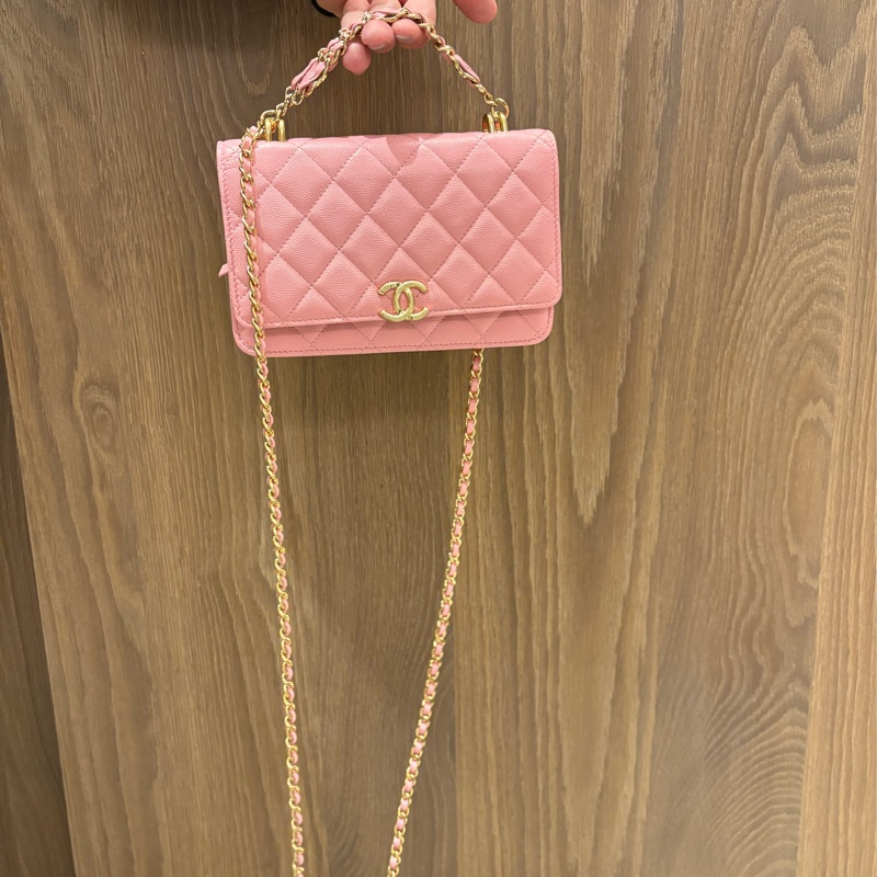 Chanel 香奈兒 WOC 粉紅色 菱格紋 荔枝牛皮 鏈帶肩背包 金釦-5