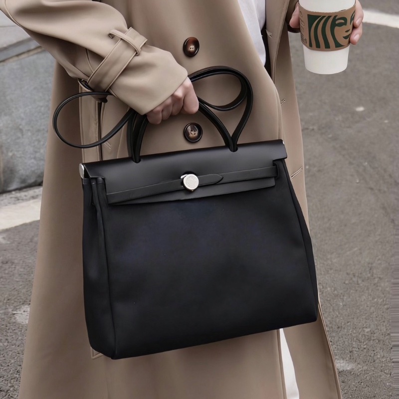 HERMES 帆布拼皮銀扣herbag31子母手提斜背包31*25*11 全新閒置配件塵袋購證鑰匙鎖-0