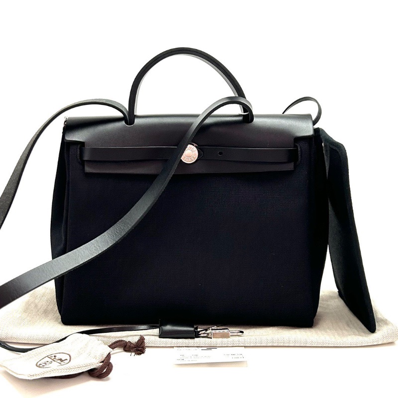 HERMES 帆布拼皮銀扣herbag31子母手提斜背包31*25*11 全新閒置配件塵袋購證鑰匙鎖-1