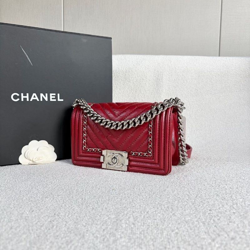 Chanel Leboy小號 酒紅色 銀扣油蠟皮20*12*7 99新配件塵袋保卡-3
