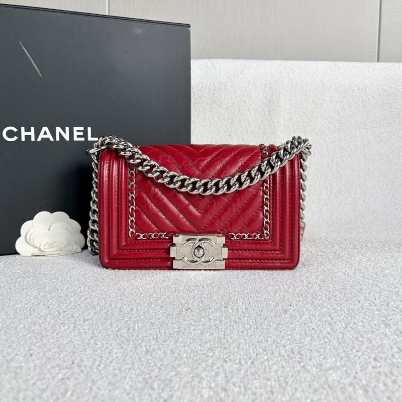 Chanel Leboy小號 酒紅色 銀扣油蠟皮20*12*7 99新配件塵袋保卡-5