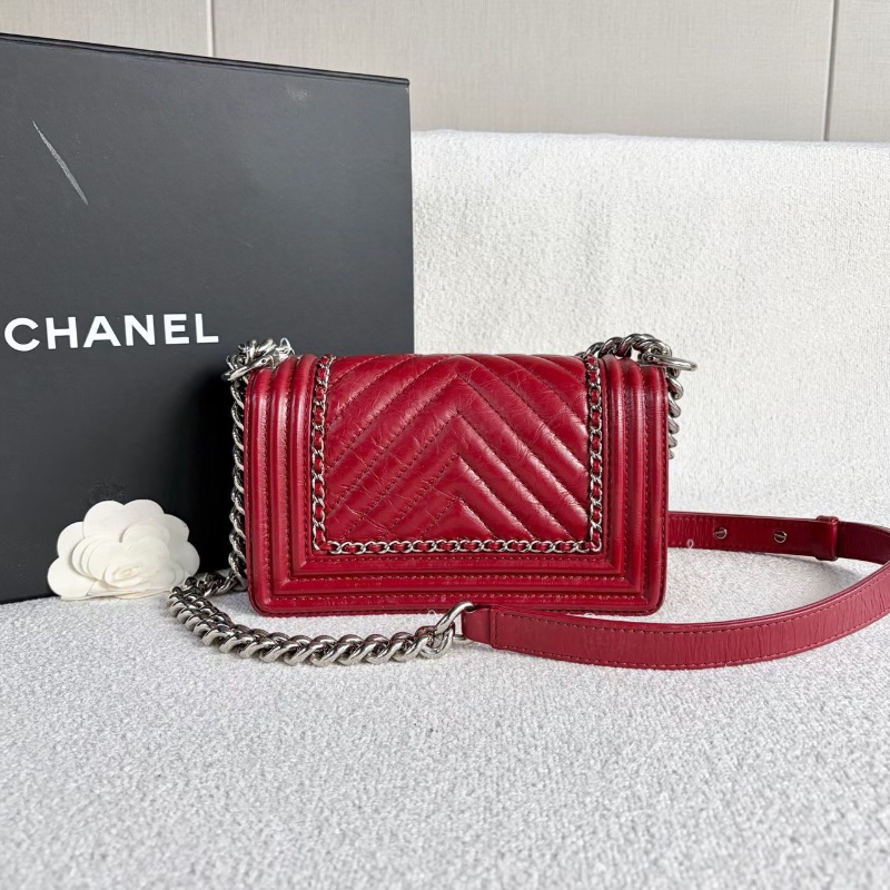 Chanel Leboy小號 酒紅色 銀扣油蠟皮20*12*7 99新配件塵袋保卡-6