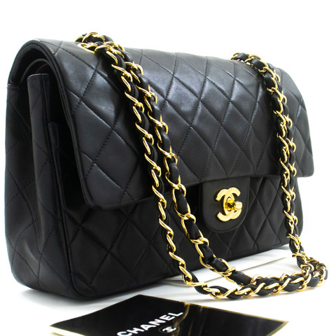 香奈兒經典雙蓋10吋鏈條單肩背包，黑色羊皮