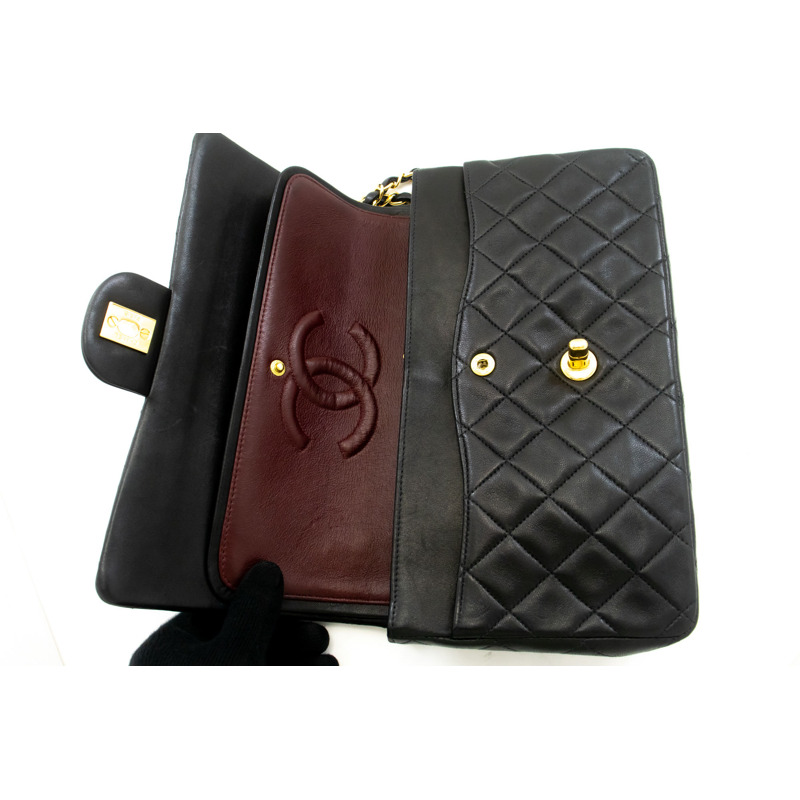 【日本直送】香奈兒經典雙蓋10吋鏈條單肩背包,黑色羊皮-10