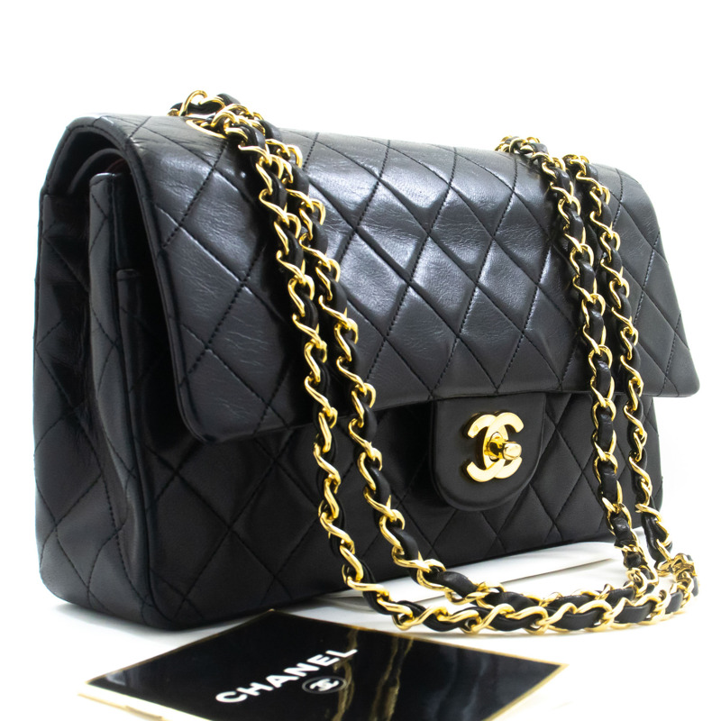 【日本直送】香奈兒經典雙蓋10吋鏈條單肩背包，黑色羊皮-0