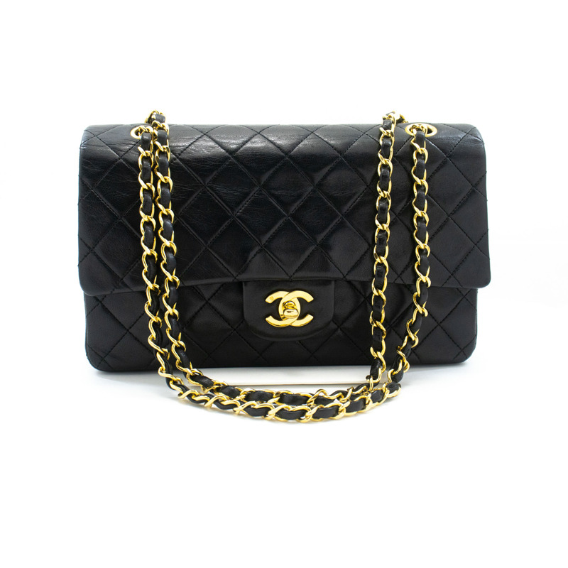 【日本直送】香奈兒經典雙蓋10吋鏈條單肩背包，黑色羊皮-1