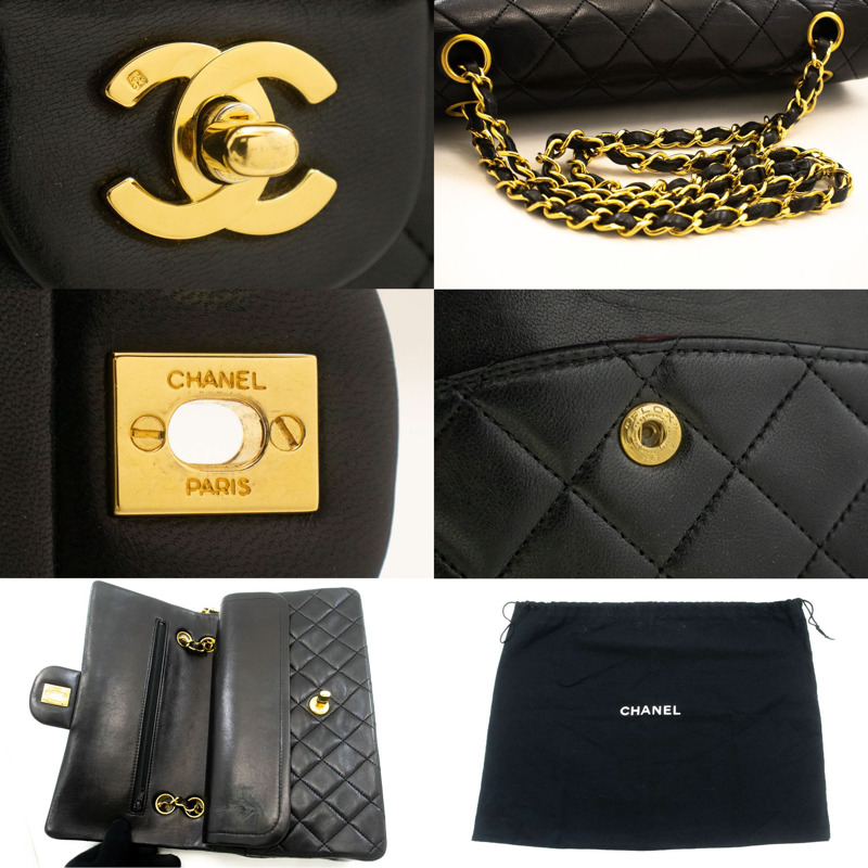 【日本直送】香奈兒經典雙蓋10吋鏈條單肩背包，黑色羊皮-6