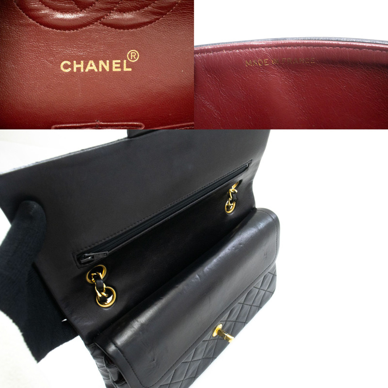 【日本直送】香奈兒經典雙蓋10吋鏈條單肩背包，黑色羊皮-7