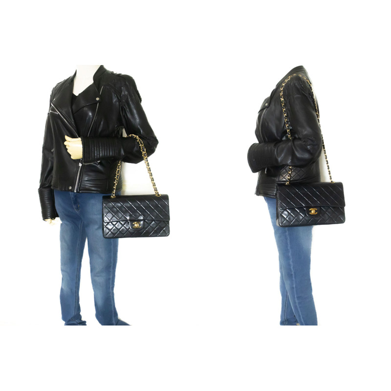 【日本直送】香奈兒經典雙蓋10吋鏈條單肩背包，黑色羊皮-11