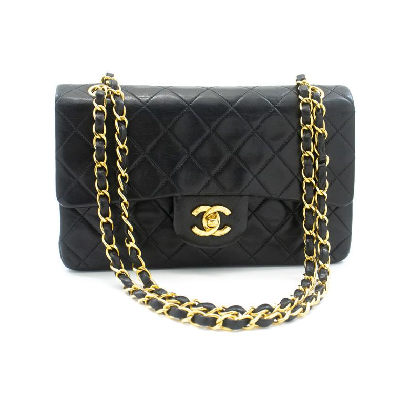 【日本直送】香奈兒經典雙蓋9吋鏈條單肩背包，黑色羊皮-1