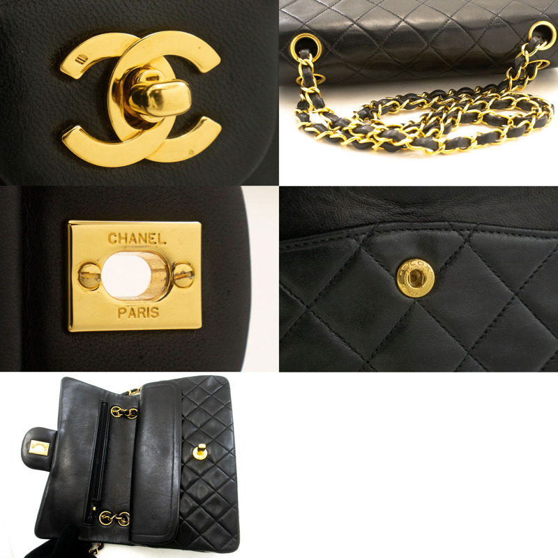 【日本直送】香奈兒經典雙蓋9吋鏈條單肩背包，黑色羊皮-6