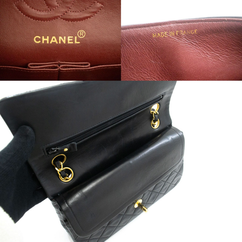 【日本直送】香奈兒經典雙蓋9吋鏈條單肩背包，黑色羊皮-7