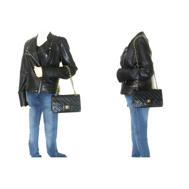 【日本直送】香奈兒經典雙蓋9吋鏈條單肩背包，黑色羊皮-11