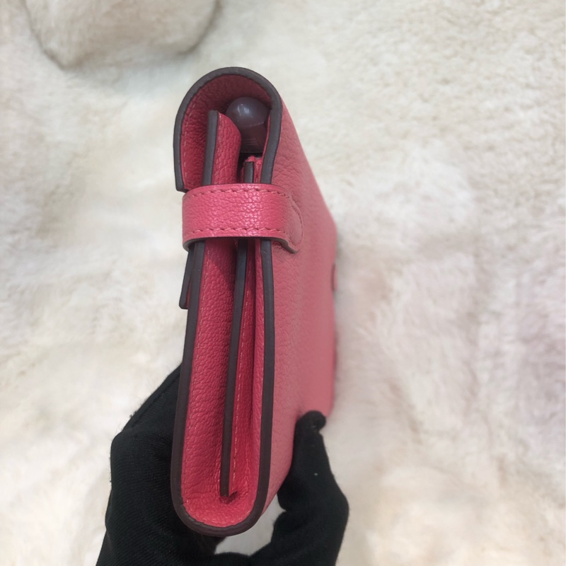 Hermes 粉色山羊皮Kelly 銀扣長夾 XC246-3