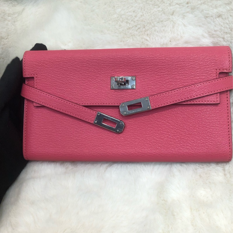 Hermes 粉色山羊皮Kelly 銀扣長夾 XC246-9