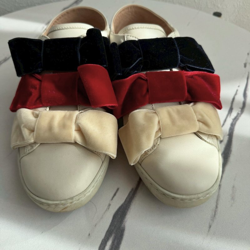 ✨超可愛 Gucci 紅米白深藍蝴蝶結白鞋-4
