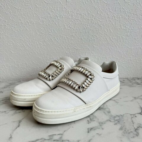 ✨貴婦都愛 RV 白色厚底水鑽方扣樂福鞋