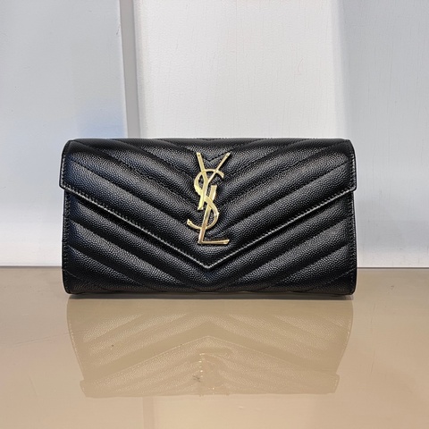 YSL 黑荔枝牛皮山型紋金釦信封下蓋12卡長夾