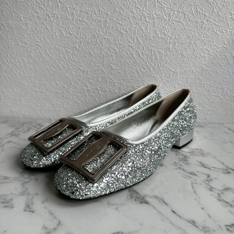 🎉大尺碼女性福音 FERRAGAMO 銀色亮鑽低跟鞋 娃娃鞋-0