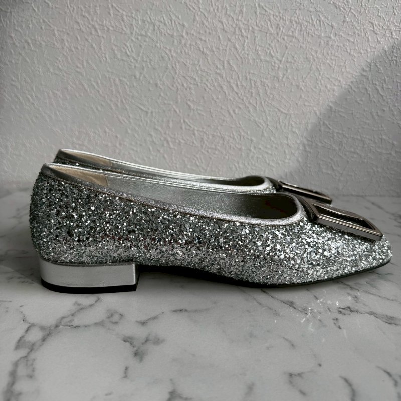 🎉大尺碼女性福音 FERRAGAMO 銀色亮鑽低跟鞋 娃娃鞋-3