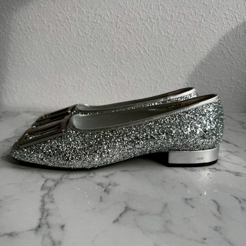 🎉大尺碼女性福音 FERRAGAMO 銀色亮鑽低跟鞋 娃娃鞋-5