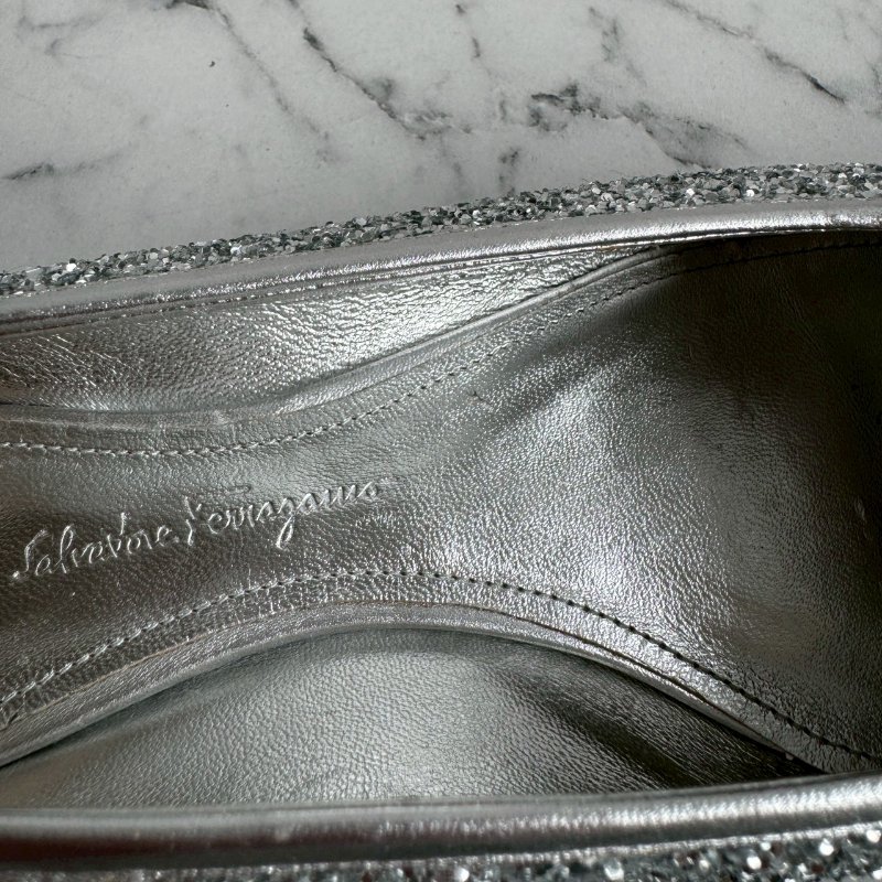 🎉大尺碼女性福音 FERRAGAMO 銀色亮鑽低跟鞋 娃娃鞋-9