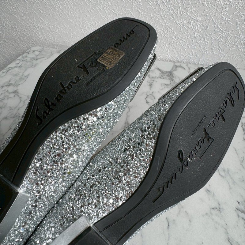 🎉大尺碼女性福音 FERRAGAMO 銀色亮鑽低跟鞋 娃娃鞋-10